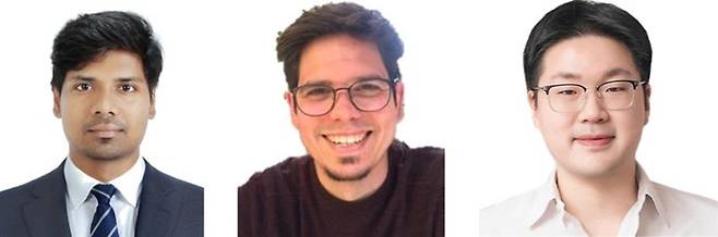 계명대-옥스퍼드대 공동연구팀이 극한환경에서도 구조와 기능을 유지하는 루테늄 산화물 나노입자의 안정성을 규명했다. 왼쪽부터 수렌다(Surendhar, 인도) 연구원(1저자), Tobias Hermann 교수(공동저자), 김익현 교수(교신저자). 계명대 제공