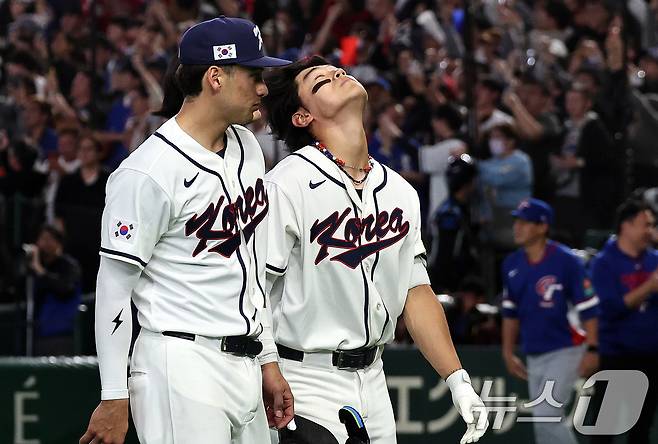 8일 일본 도쿄돔에서 열린 2026 월드베이스볼클래식 조별리그 C조 대한민국과 대만의 경기. 연장 접전 끝에 대한민국이 대만에 5대 4로 패배하자 김도영이 아쉬워하고 있다. 2026.3.8 ⓒ 뉴스1 구윤성 기자
