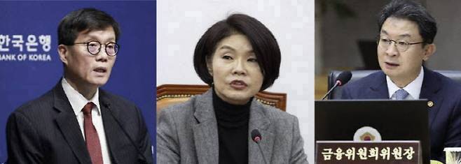 한국은행은 50%+1주 은행 중심 컨소시엄, 금융위원회는 가상자산거래소 지분 규제, 더불어민주당은 50%+1주 및 지분 규제를 디지털자산기본법(2단계 입법)에 반영해야 한다는 입장이다. 사진은 이창용 한국은행 총재, 한정애 더불어민주당 정책위의장, 이억원 금융위원회 위원장 모습. (사진=한국은행, 연합뉴스)