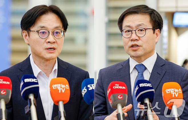 김정관 산업통상부 장관(왼쪽)과 여한구 통상교섭본부장이 대미 통상현안 협의를 마치고 8일 오후 인천국제공항 2터미널을 통해 각각 귀국, 취재진 질문에 답하고 있다. 2026.3.8 ⓒ 뉴스1 안은나 기자
