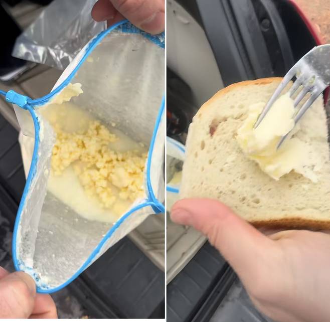 지퍼백에 넣어 달리던 생크림이 버터로 분리된 모습(왼쪽)과 완성된 버터를 빵에 발라 먹는 모습. 사진=인스타그램 @lib_claire 갈무리