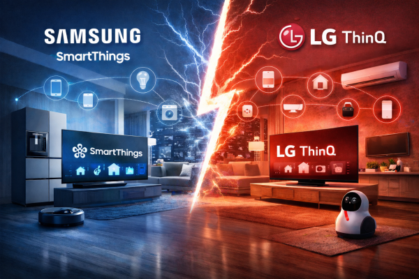 가전업계 경쟁의 중심축이 개별 제품 성능에서 AI(인공지능) 기반 스마트홈 플랫폼으로 빠르게 이동하고 있다. 삼성전자와 LG전자가 각각 스마트싱스와 LG씽큐를 중심으로 가전 연결 생태계를 확장하며 'AI홈' 주도권 확보에 나서는 모습이다./사진=AI 이미지