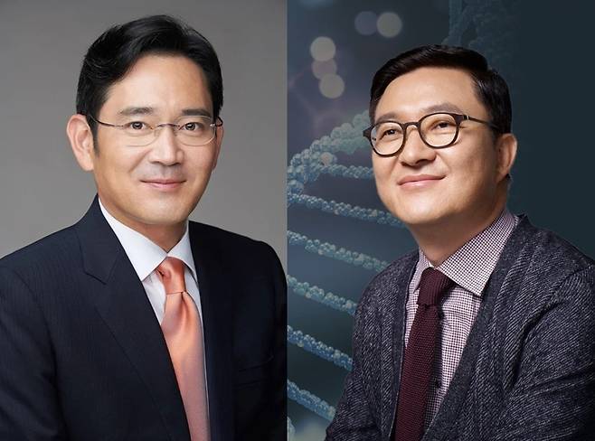 Samsung Electronics Chairman Lee Jae-yong (left) and Caregen CEO Chung Yong-ji (Samsung, Caragen)
