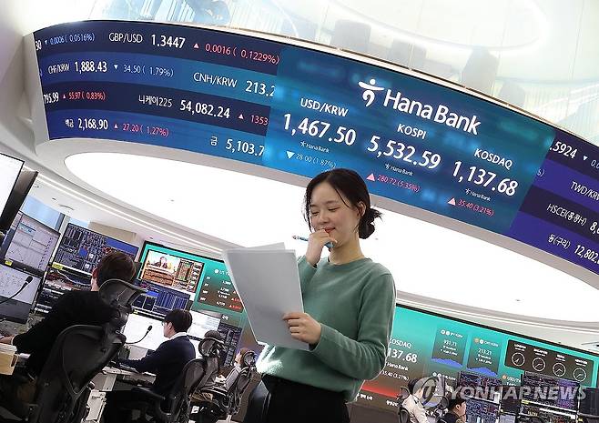 다시 급등한 증시 (서울=연합뉴스) 김성민 기자 = 10일 서울 중구 하나은행 본점 딜링룸 전광판에 원·달러 환율, 코스피, 코스닥 지수가 표시돼 있다.
이날 코스피는 전장보다 280.72포인트(5.35%)오른 5532.59으로, 코스닥은 35.40포인트(3.21%) 오른 1137.68로 마감했다. 2026.3.10 ksm7976@yna.co.kr