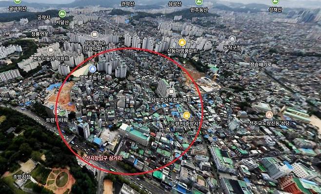 서울 동작구 노량진14구역 재개발 정비사업지(빨간 원 일대) 전경. /사진:네이버 항공뷰 캡처