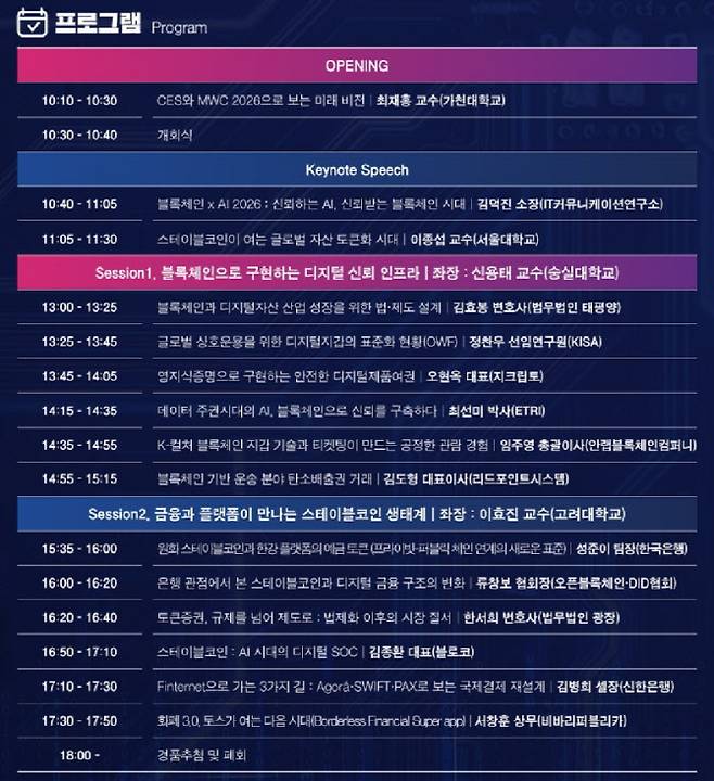 서울 강남구 테헤란로 섬유센터 3층 텍스파홀에서 열리는 2026 블록체인 밋업 컨퍼런스 일정. (사진=과학기술정보통신부, 한국인터넷진흥원)