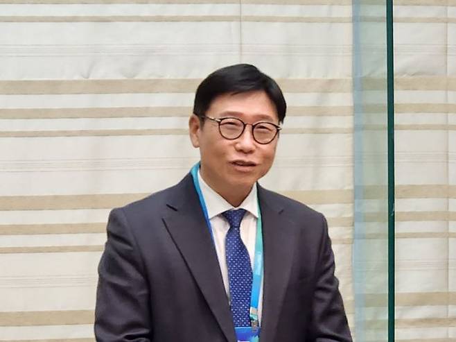 정재송 제이스텍 대표이사가 12일 코엑스 VIP룸에서에서 열린 기자간담회에서 발언을 하고 있다. 임춘한 기자