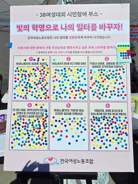 ▲ 3·8 여성의날 하루 전날인 3월7일, 서울 광화문에서 제41회 한국여성대회가 열렸다. 사진은 전국여성노동조합 부스 앞에 설치된 '가장 우선순위로 변화시키고 싶은 곳에 스티커를 붙여달라'는 투표판 모습. 사진=이슬기 기자 제공