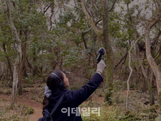 지난 6일 제주 곶자왈에서 사운드워킹 체험을 하고 있는 여행객 (사진=이민하 기자)