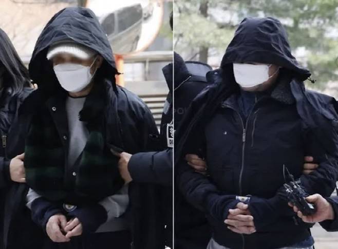 90대 노모를 폭행해 숨지게 한 혐의를 받는 60대 딸(왼쪽)과 이를 방조한 사위가 지난달 26일 구속 전 피의자 심문(영장실질심사)에 출석하고 있는 모습. (사진=연합뉴스)