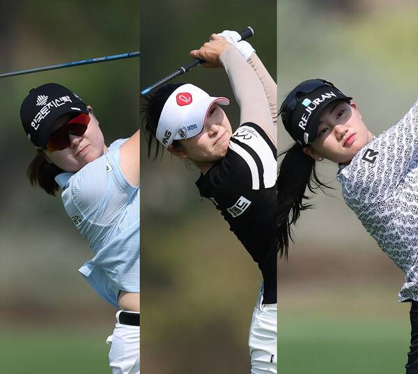 유현조, 노승희 프로와 함께 한국여자프로골프(KLPGA) 투어 2026시즌 첫 대회인 '신설 대회' 리쥬란 챔피언십에 출전한 홍정민, 유현조, 노승희 프로가 2라운드에서 경기하는 모습이다. 사진제공=KLPGA (사진을 무단으로 사용하지 마십시오.)