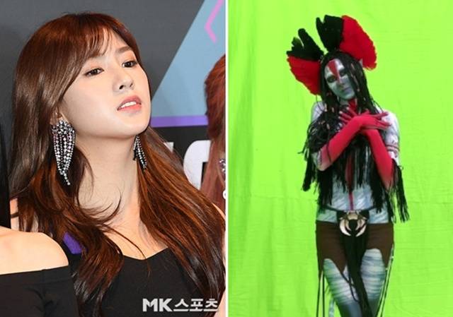 에이핑크 오하영이 영화 속 빌런 캐릭터로 파격 변신한 모습이 공개되며 화제를 모으고 있다. 사진=MK스포츠 DB, 에이핑크 SNS