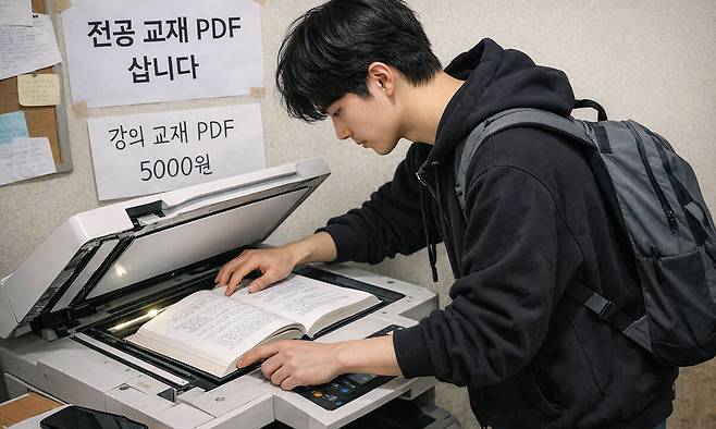 대학생들 사이에서 교재를 스캔한 PDF 파일을 사고파는 불법 복제가 확산하며 대학 교내 서점들이 운영난을 겪고 있다. 챗GPT 생성 이미지