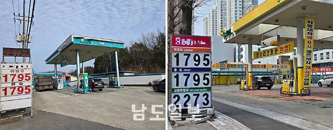 정부가 석유 최고가격제를 첫 시행했지만 현장에서 체감하는 인하 폭은 기대에 미치지 못한 모습이다. 사진은 기름값이 1천700원대로 표시된 나주 산포(사진 왼쪽)와 광주 북구 주유소에서 주유하고 있는 운전자들 모습. /정희윤 기자 star@namdonews.com