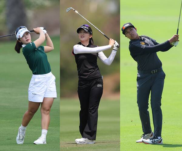 한국여자프로골프(KLPGA) 투어 2026시즌 개막전인 '신설 대회' 리쥬란 챔피언십 우승 경쟁에 뛰어든 한국의 전예성, 이예원 프로, 그리고 태국의 장타자 나타크리타 웡타위랍이 3라운드에서 경기하는 모습이다. 사진제공=KLPGA (사진을 무단으로 사용하지 마십시오.)