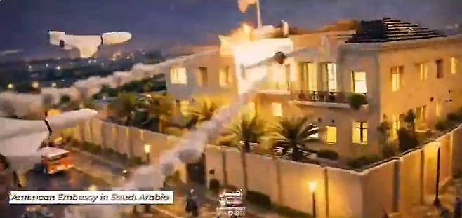 지난 8일 이란 국영 매체가 X(옛 트위터)를 통해 공개한 레고 스타일 영상에서 이란 이슬람혁명수비대(IRGC)가 사우디아라비아 주재 미국 대사관 등을 공격하는 장면이 나온다. 타스님 통신 X 캡처
