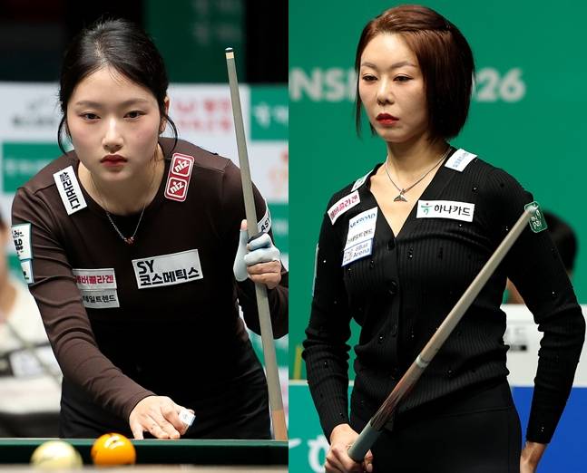 한지은(왼쪽)과 김가영이 15일 LPBA 월드챔피언십에서 격돌한다. /사진=PBA 투어 제공