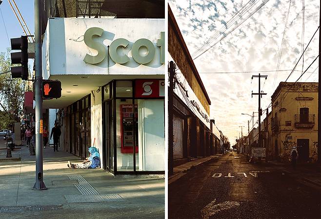 (좌)과달라하라 도심에는 노숙인 수가 상당하다. (우)대광장 인근 좁다란 골목길은 정제되지 않은 과달라하라의 낯빛을 보여준다.