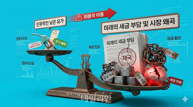 인위적으로 유가를 낮추는 정책(왼쪽)은 당장 가벼운 단기 혜택처럼 보이지만, 그 대가로 발생하는 미래의 세금 부담과 재정 악화, 공급 위축 등 시장 왜곡(오른쪽)의 무게는 훨씬 무겁다. ⓒ제미나이