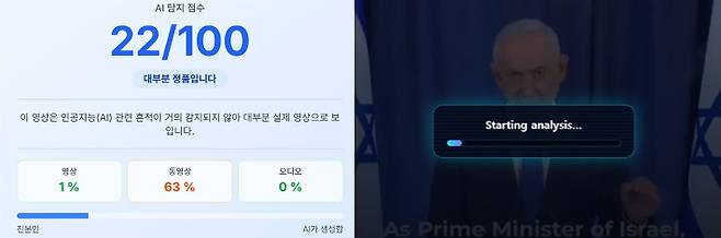 이스라엘 정부 공보실(GPO)이 배포한 원본 영상 딥페이크 탐지 장면 캡처. AI 제공 이미지