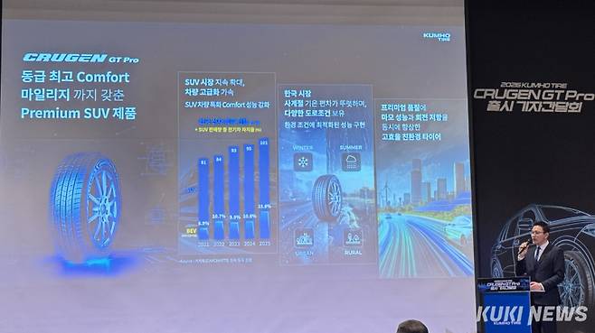 김호중 상품개발1부문장 상무는 크루젠을 동급 최고 컴포트 성능과 마일리지를 갖춘 프리미엄 SUV 타이어라 소개했다. 김수지 기자