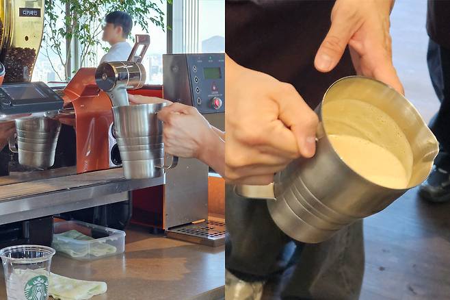 지난달 25일 서울 강남구 스타벅스 코리아 지원센터에서 스타벅스 엑설런스센터 파트너가 에어로카노를 제조 중이다. 에스프레소와 얼음이 담긴 용기에 스팀기를 이용해 공기를 주입하면 완성된다.