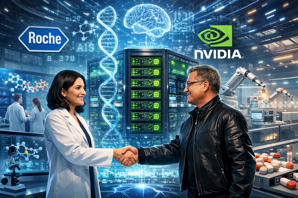 로슈는 엔비디아의 최신 블랙웰(Blackwell) GPU를 통해 '하이브리드 클라우드 AI 공장(AI Factory)'을 출범한다. / 챗GPT
