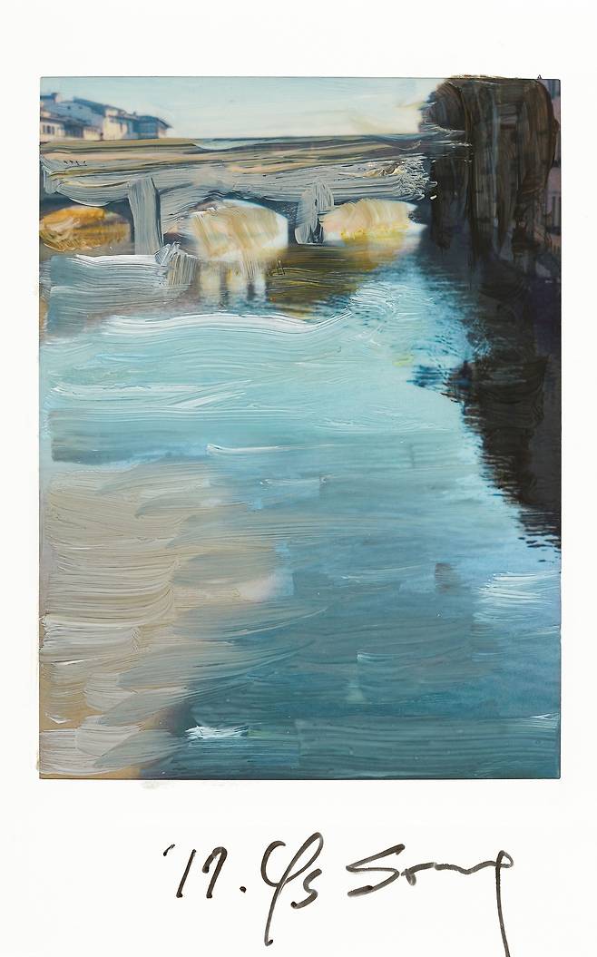 <Meditation on the Road 길 위에서>, 2017, Oil painting on polaroid, ⓒ 송영숙 (지금 이 작품들을 스마트폰으로 보고 있다면, 실재의 크기와 비슷할 것이다.)