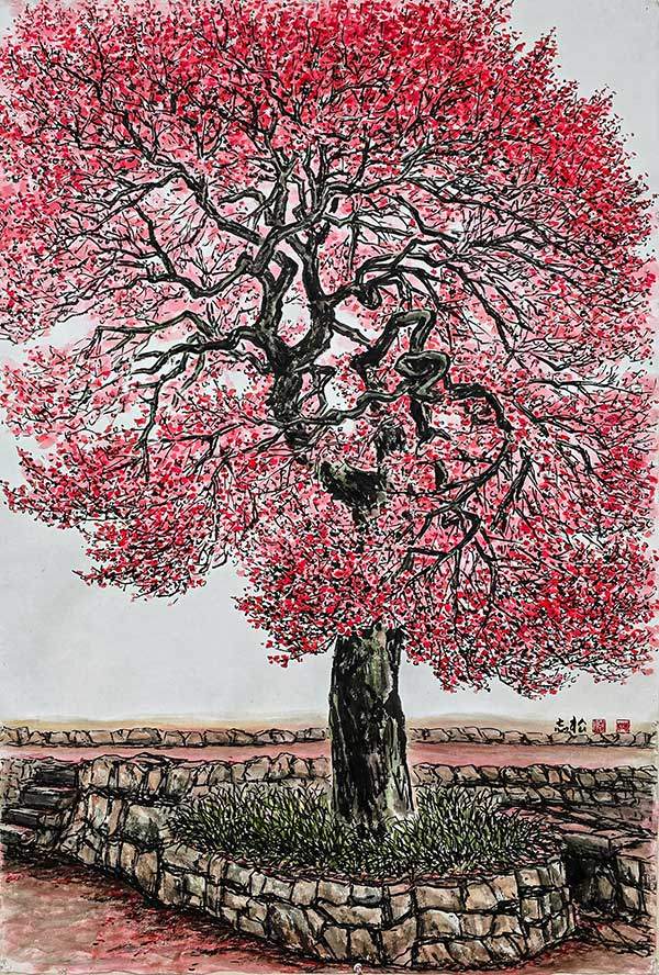 구례 화엄사 화엄매는 천연기념물 제485호로 홍매화 중 드물게 짙고 강렬한 붉은색으로 사람들에게 관심과 사랑을 받고 있다. 구례 화엄사 화엄매. 76×111cm. 한지에 수묵담채.