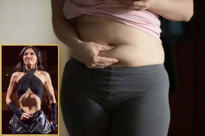 대만 출신 가수 엘라 첸 자화가 콘서트에서 스토머크 베큠 운동을 선보였다. 복부 가장 깊은 근육인 복횡근을 수축시키는 운동이다. 배경사진=게티이미지뱅크/좌측 하단 사진=SNS