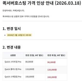 카페24 퀵서버호스팅 가격 인상 안내(카페24 홈페이지 갈무리)