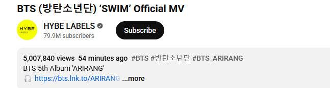 BTS ‘스윔’ 뮤비가 공개 54분 만에 500만 뷰를 넘겼다.