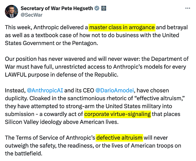 2월 27일 헤그세스의 X 게시물 중 일부 (사진 출처: X)