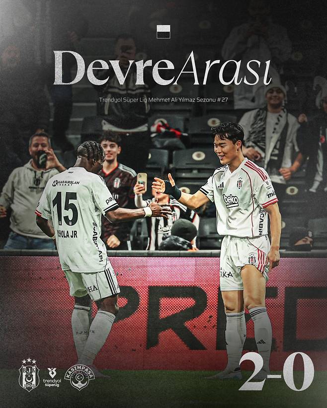 20일 튀르키예 이스탄불의 보다폰 파크에서 열린 카슴파샤전에서 득점에 성공한 뒤 골 세리머니를 하고 있는 베식타시 JK 오현규(오른쪽). /사진=베식타시 SNS 캡처