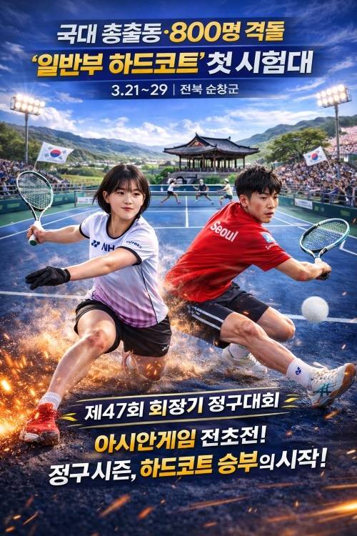 정구 국가대표 선발전 통과 후 시즌 첫 국내 대회에 출전하는 김우식(서울시청)과 황정미(NH농협은행)를 모델로 AI가 생성한 회장기 정구대회 이미지