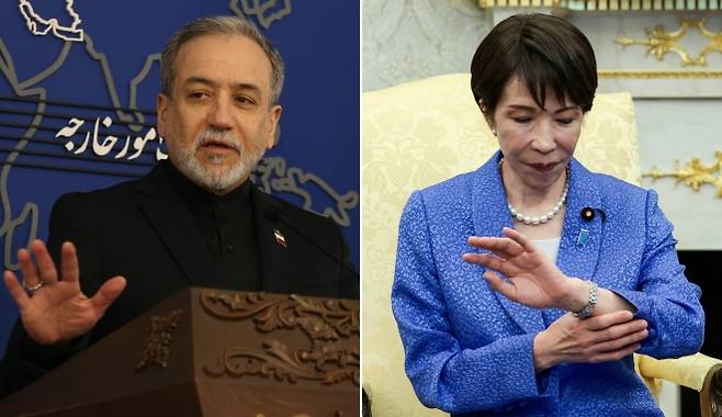 아바스 아라그치 이란 외무장관(왼쪽)이 16일(현지시간) 테헤란에서 열린 기자회견에서 발언하고 있다. 오른쪽은 다카이치 사나에 일본 총리가 19일 미국 워싱턴 백악관 집무실에서 도널드 트럼프 대통령과 회담 중 시계를 확인하는 모습. 신화·로이터 연합뉴스