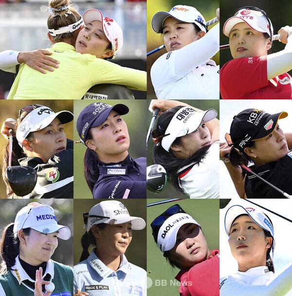 2026년 미국여자프로골프(LPGA) 투어 포티넷 파운더스컵 우승을 차지한 김효주 프로와 준우승한 넬리 코다. 김세영, 최혜진, 지노 티띠꾼, 윤이나, 이정은6, 전인지, 김아림, 임진희, 유해란, 이동은 프로. 사진제공=ⓒAFPBBNews = News1 (사진을 무단으로 사용하지 마십시오.)