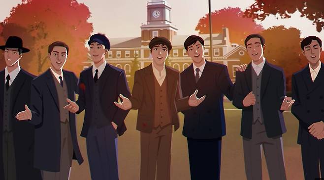 방탄소년단(BTS) 새 앨범 아리랑의 홍보 영상에서 BTS를 연상시키는 7명의 한국인 남성 캐릭터가 미국 하워드대 교정을 묘사한 장소에서 노래하는 모습. BTS 공식 유튜브 채널