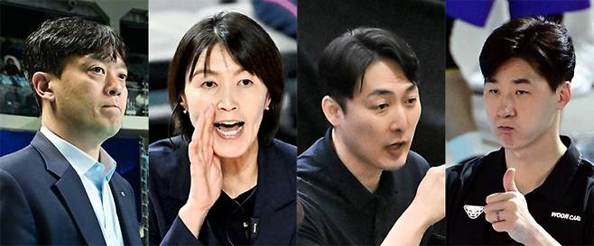 프로배구 V리그 준PO 진출팀 감독들. 왼쪽부터 여자부 3위 GS칼텍스 이영택, 4위 흥국생명 요시하라 토모코, 남자부 3위 KB손보 하현용 감독대행, 우리카드 박철우 감독대행. 한국배구연맹 제공