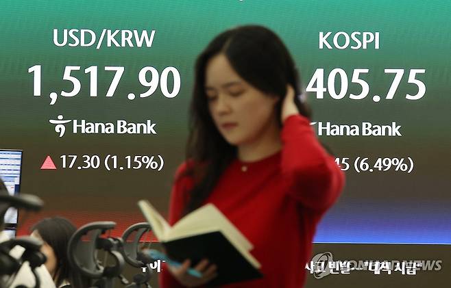 환율 상승, 코스피 하락 (서울=연합뉴스) 서명곤 기자 = 23일 서울 중구 하나은행 본점 딜링룸 전광판에 환율과 코스피가 표시돼있다. 이날 원/달러 환율은 16.7원 오른 1,517.3원, 코스피는 전장보다 375.45포인트(6.49%) 내린 5,405.75로 거래를 마감했다. 2026.3.23 seephoto@yna.co.kr