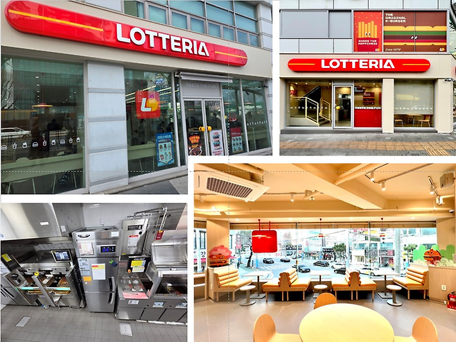 ▲롯데GRS는 지난해 리뉴얼한 롯데리아 노량진점(왼쪽)에 배치하 푸드테크 자동화 조리 로봇 알파그릴과 보글봇을 배치했다. 진해용원점(오른쪽)은 지역 특색에 맞춘 매장 인테리어를 적용했다.