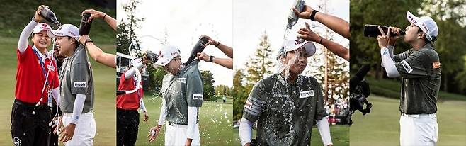 파운더스컵 우승 후 최혜진 등으로부터 축하 세례를 받는 김효주. 그는 동료 선후배들에게 늘 인기가 많다. LPGA 페이스북