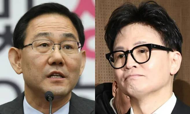 주호영 국민의힘 의원(왼쪽), 한동훈 전 국민의힘 대표. 연합뉴스, 한겨레