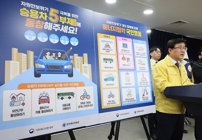 ‘에너지 절약’ 국민 동참 호소 김성환 기후에너지환경부 장관이 24일 서울 종로구 정부서울청사에서 중동전쟁 장기화에 따른 원유 수급 문제에 대응하기 위해 공공부문 승용차 5부제 관리 강화 등 에너지 절약 조치를 발표하고 있다. 연합뉴스