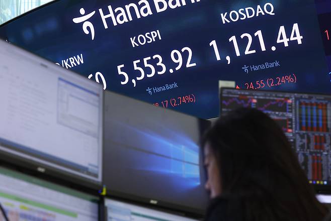 24일 서울 중구 하나은행 딜링룸 전광판에 지수가 표시돼 있다. 뉴시스