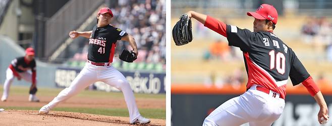 KIA 황동하(왼쪽)와 김태형이 시범경기에 등판해 투구하고 있다. KIA 타이거즈 제공