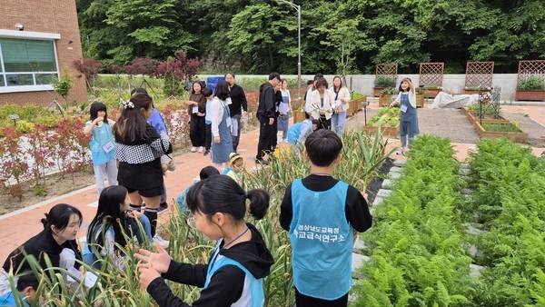 학교급식연구소 맛봄에서 가족과 아이들이 텃밭 재배작물을 수확하고 있다. /경남교육청