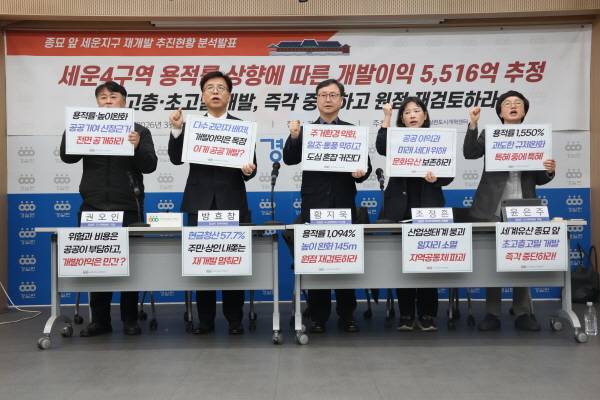 경실련은 서울 세운4구역의 용적률 상향으로 약 5516억원의 추가 개발이익이 발생했다고 밝혔다. 세계문화유산 종묘 인근에서 초고층·초고밀 개발이 허용된 데 대해 공공성 후퇴와 특혜 논란이 커지고 있다. 현금청산 비율이 57.7%에 달해 원주민 배제 우려도 제기된다.