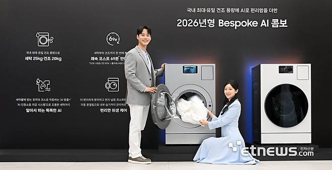 삼성전자가 하드웨어 혁신과 진화한 AI기능을 집약해 한층 더 강력해진 2026년형 '비스포크 AI 콤보'를 출시했다. 26년형 비스포크 AI 콤보는 세탁용량 25kg, 건조용량 20kg 으로 일체형 세탁건조기 중 국내 최대 용량을 갖췄으며, '하이브리트 히트펌프' 건조방식에서 한 단계 진화한 '프리히트' 방식으로 최대 69분 만에 세탁과 건조를 모두 마칠 수 있다. 26일 서울 서초구 삼성강남에서 열린 비스포크 AI콤보·신혼가전 미디어데이에서 모델이 신제품을 소개하고 있다. 이동근기자 foto@etnews.com