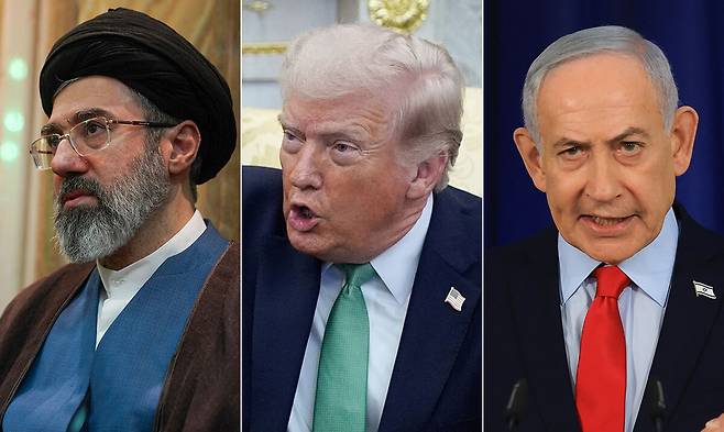 (왼쪽부터) 모즈타바 하메네이 이란 최고지도자, 도널드 트럼프 미국 대통령, 베냐민 네타냐후 이스라엘 총리. 로이터·EPA·UPI 연합뉴스